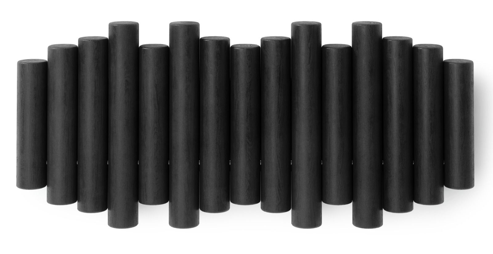 Schwarze Wandgarderobe mit zylindrischen Elementen, frontale Ansicht