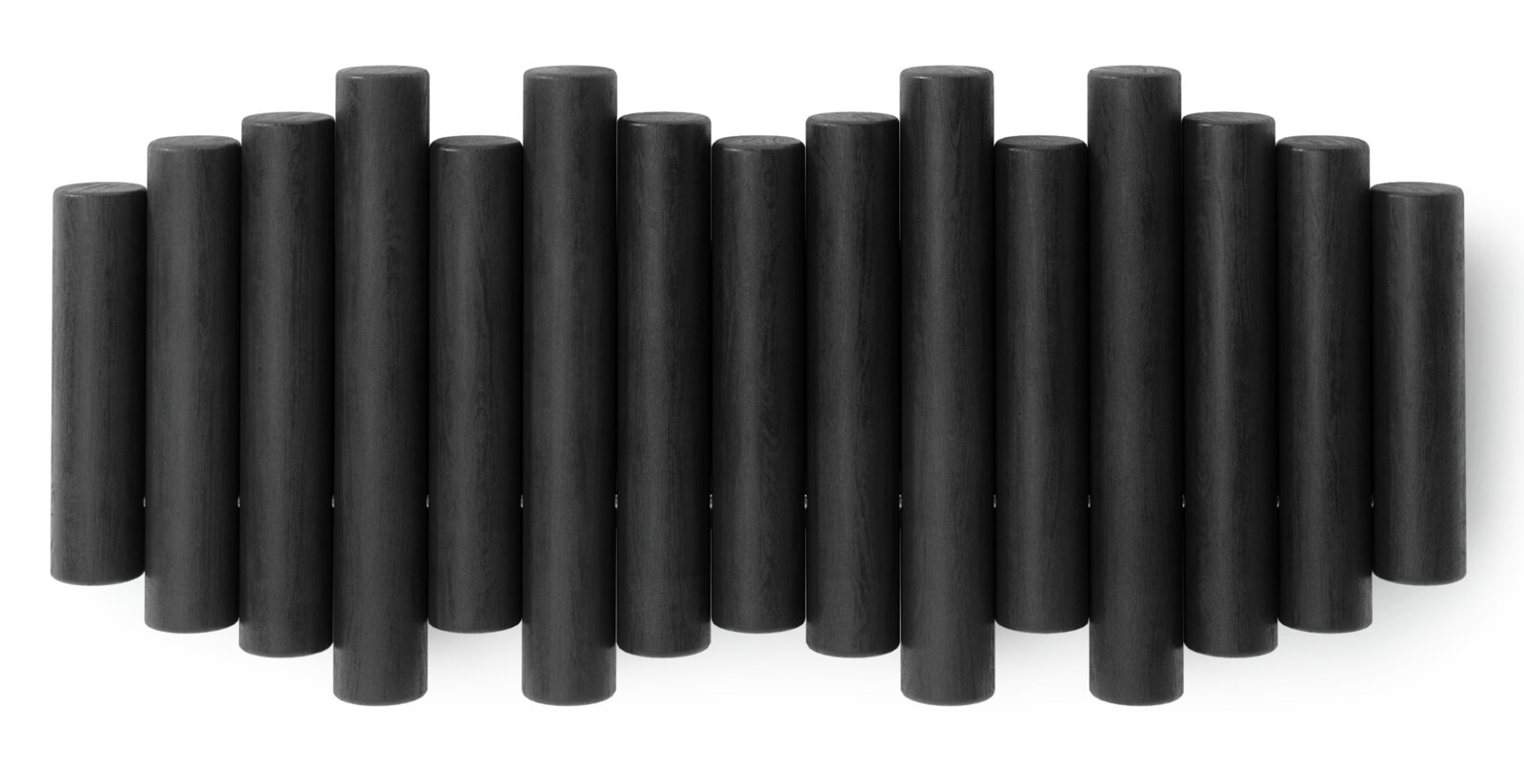 Schwarze Wandgarderobe mit zylindrischen Elementen, frontale Ansicht