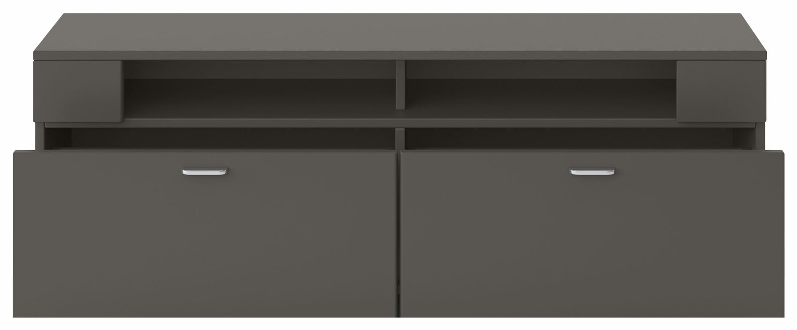 Frontansicht eines modernen, dunkelgrauen TV-Lowboards mit zwei offenen Fächern und zwei Schranktüren mit silbernen Griffen.