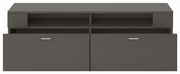 Frontansicht eines modernen, dunkelgrauen TV-Lowboards mit zwei offenen Fächern und zwei Schranktüren mit silbernen Griffen.