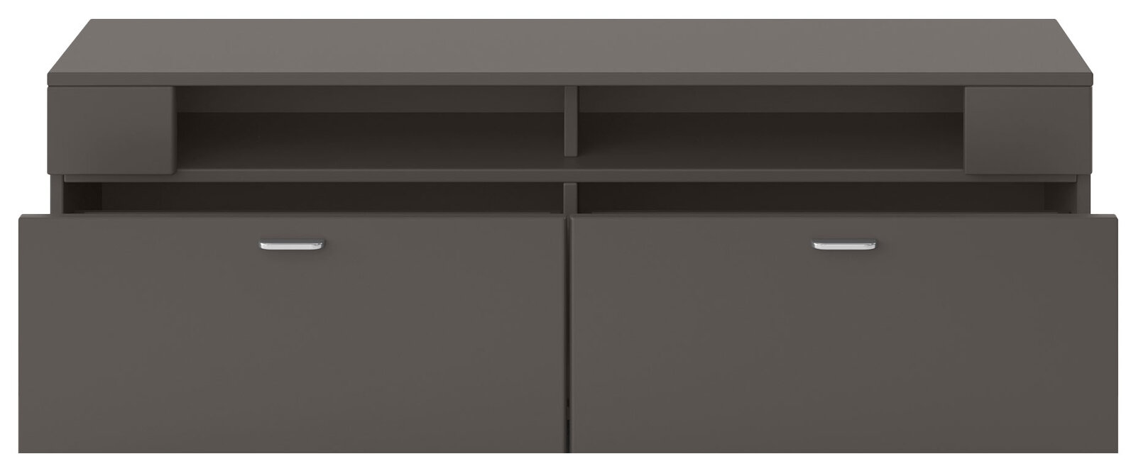Frontansicht eines modernen, dunkelgrauen TV-Lowboards mit zwei offenen Fächern und zwei Schranktüren mit silbernen Griffen.