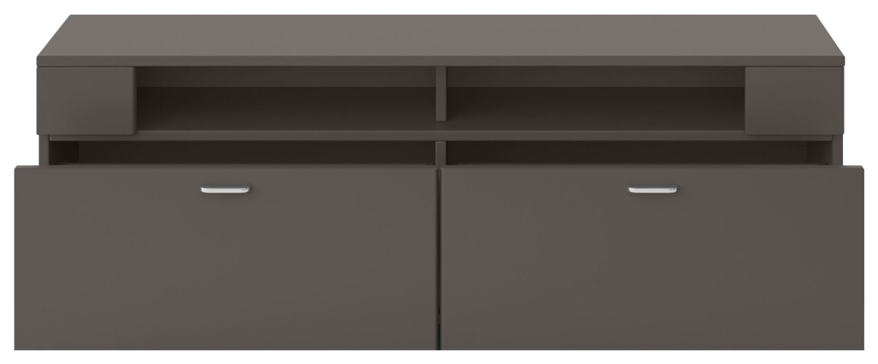 Frontansicht eines modernen, dunkelgrauen TV-Lowboards mit zwei offenen Fächern und zwei Schranktüren mit silbernen Griffen.