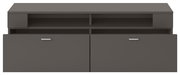 Frontansicht eines modernen, dunkelgrauen TV-Lowboards mit zwei offenen Fächern und zwei Schranktüren mit silbernen Griffen.