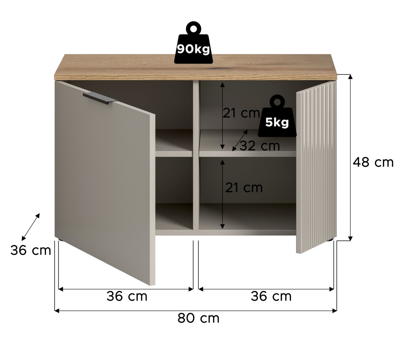 Sitzbank mit zwei offenen Türen, vier Fächern und einer Holzoberfläche, Frontansicht. Maße: 80 cm Breite, 48 cm Höhe, 36 cm Tiefe. Belastbarkeit: 90 kg oben, 5 kg pro Fach.