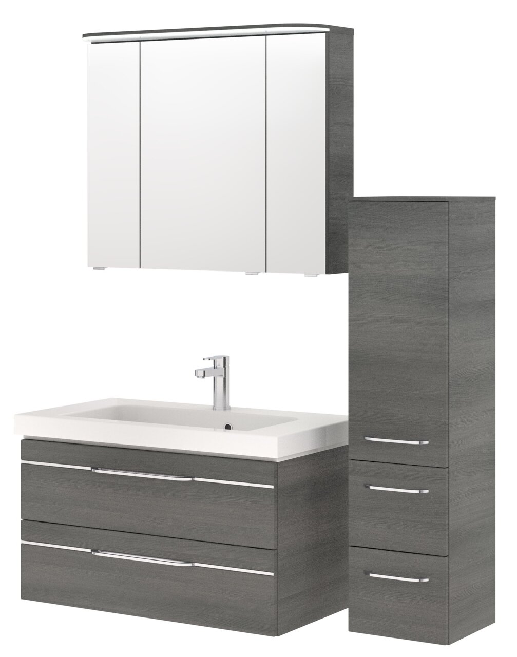 Badezimmermöbel-Set in grauer Holzoptik, bestehend aus einem Spiegelschrank, einem Waschtisch mit zwei Schubladen und einem hohen Schrank, frontal betrachtet.