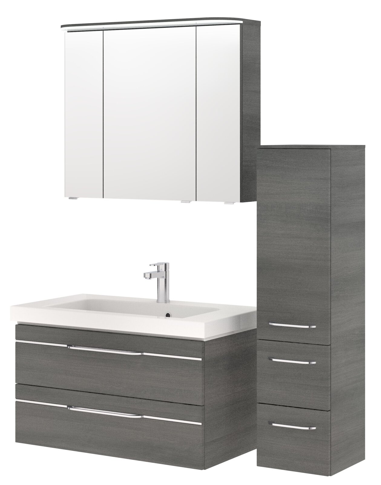 Pelipal Badblok BALTO SPRINT Badezimmermöbel-Set in grauer Holzoptik, bestehend aus einem Spiegelschrank, einem Waschtisch mit zwei Schubladen und einem hohen Schrank, frontal betrachtet.
