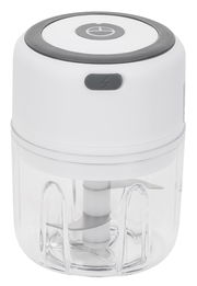 Elektrischer Zerkleinerer Choptastic 2 pro in weißer Farbe, seitliche Perspektive, mit transparentem Behälter und sichtbaren Klingen.