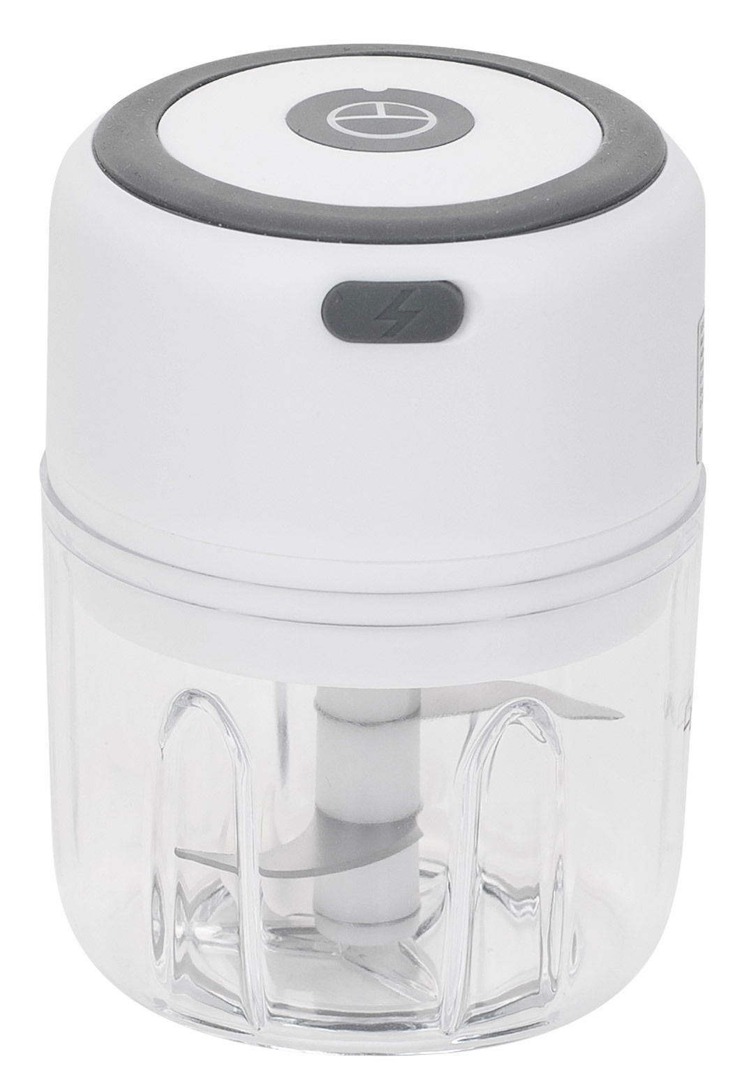 Elektrischer Zerkleinerer Choptastic 2 pro in weißer Farbe, seitliche Perspektive, mit transparentem Behälter und sichtbaren Klingen.