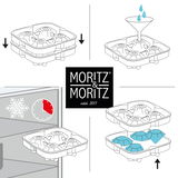 Illustration einer runden Eiswürfelform von Moritz & Moritz, die in vier Schritten zeigt, wie Wasser eingefüllt, die Form geschlossen, im Gefrierschrank platziert und die fertigen Eiswürfel entnommen werden. Perspektive: Obenansicht und Seitenansicht.