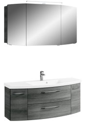 Moderne Badkombination mit Spiegelschrank und Waschbeckenunterschrank in Holzoptik, Frontalansicht