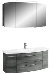 Moderne badkamercombinatie met spiegelkast en wastafelonderkast in houtlook, vooraanzicht