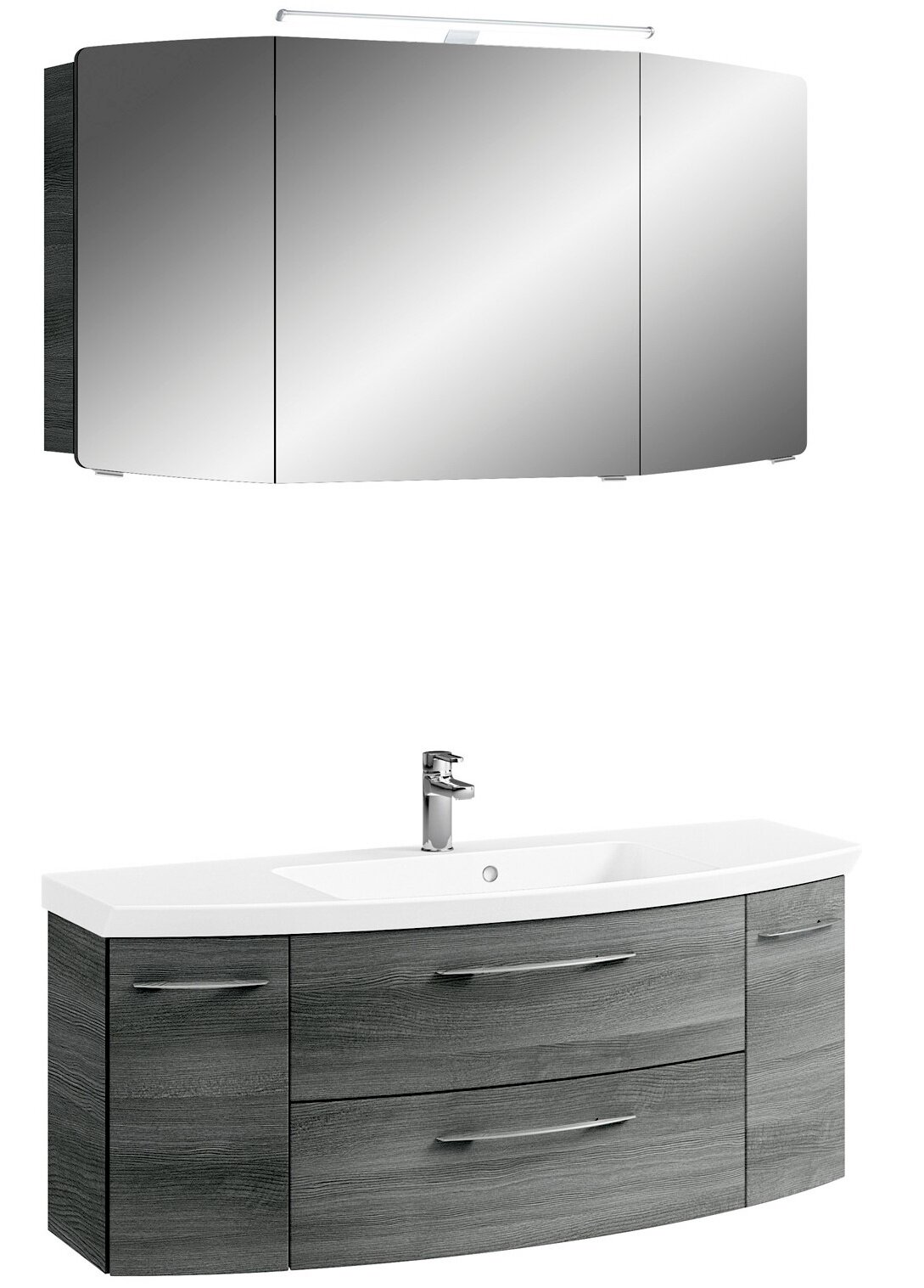 Moderne Badkombination mit Spiegelschrank und Waschbeckenunterschrank in Holzoptik, Frontalansicht