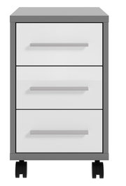 Frontansicht eines Rollcontainers mit drei Schubladen, grauem Rahmen und weißen Fronten auf Rollen.