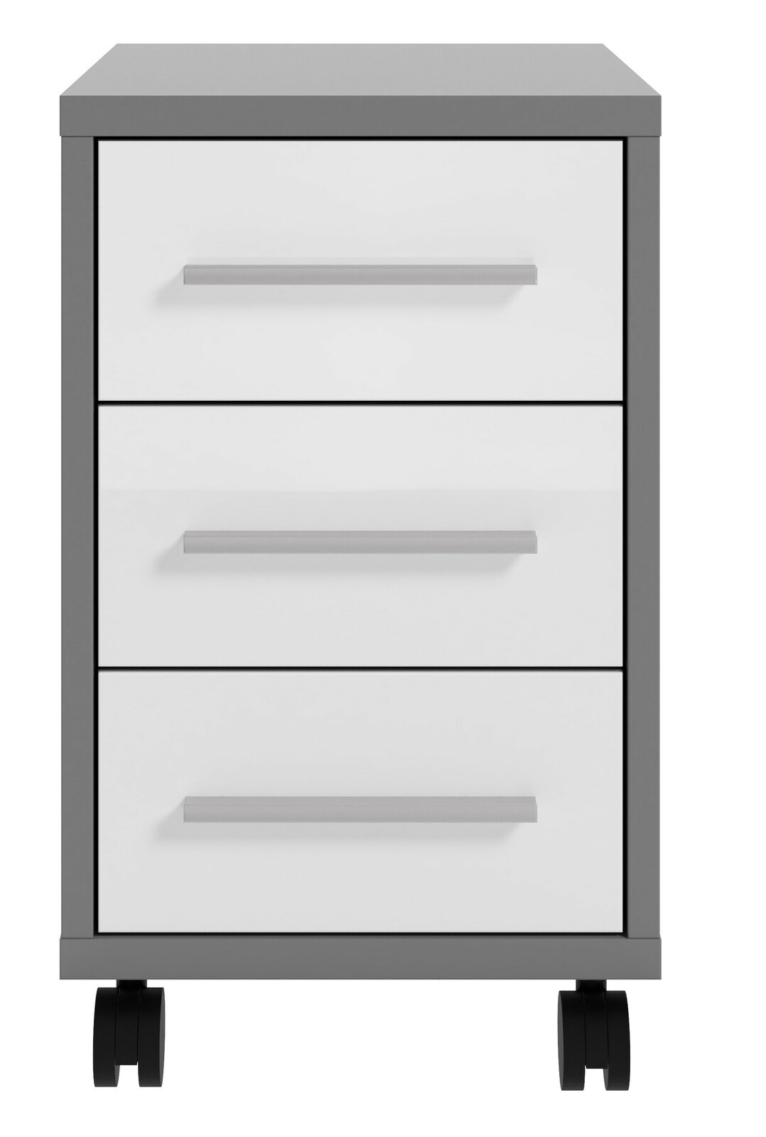 Frontansicht eines Rollcontainers mit drei Schubladen, grauem Rahmen und weißen Fronten auf Rollen.
