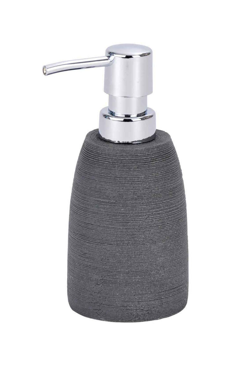 Grauer Seifenspender Goa mit silbernem Pumpkopf, Vorderansicht