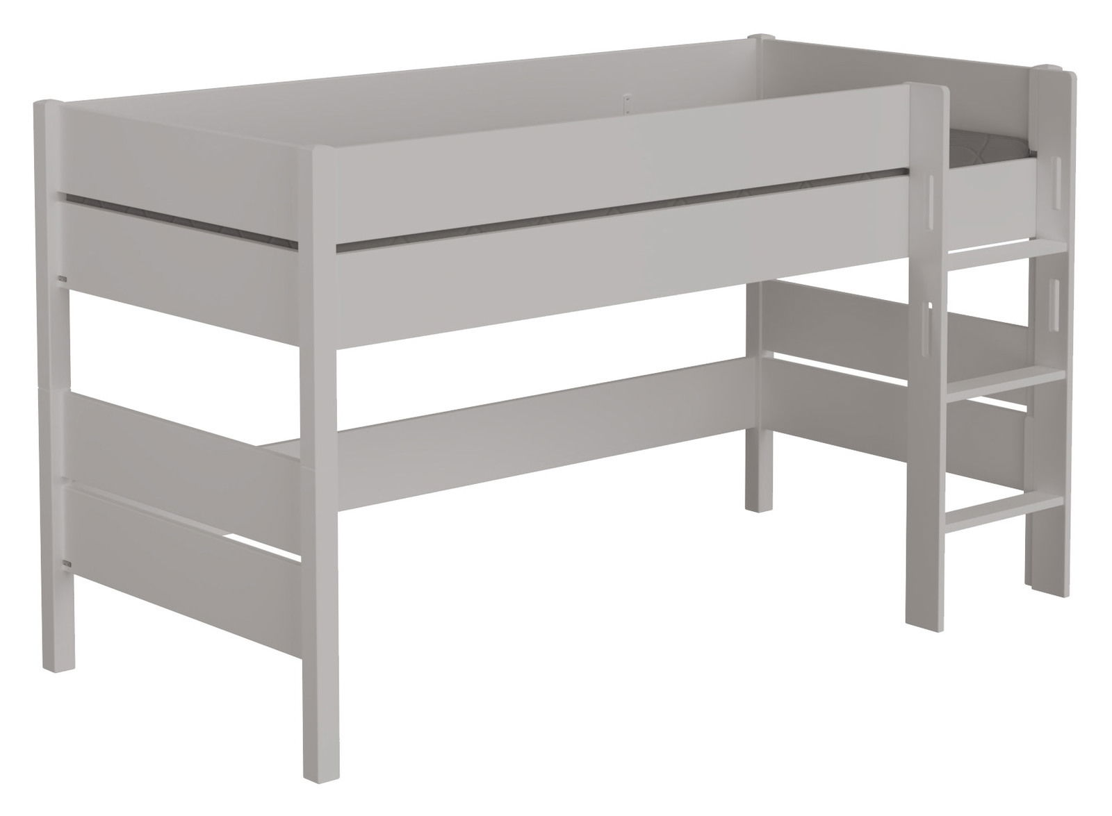 Weißes Spielbett mit integrierter Leiter, seitliche Perspektive