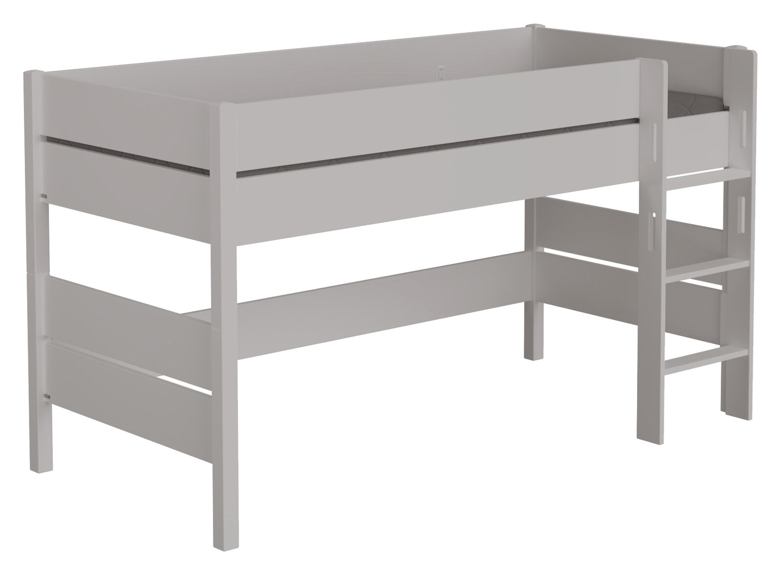 Weißes Spielbett mit integrierter Leiter, seitliche Perspektive