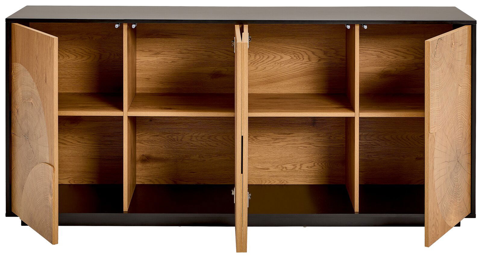 Offenes Sideboard aus Holz mit schwarzer Deckplatte, zwei geöffneten Türen und mehreren Innenfächern, Frontansicht