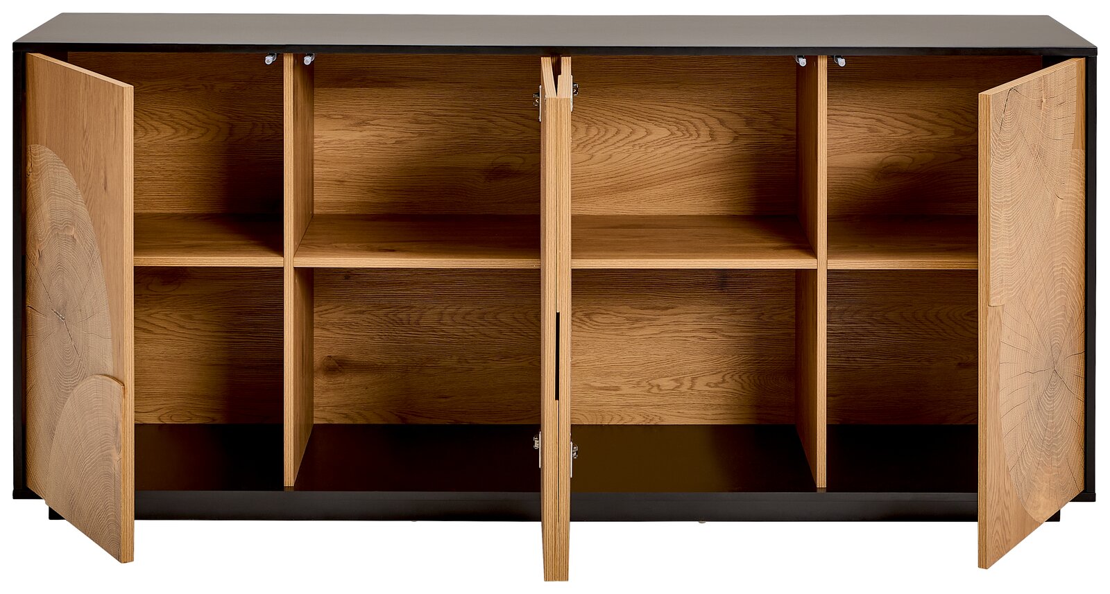 Offenes Sideboard aus Holz mit schwarzer Deckplatte, zwei geöffneten Türen und mehreren Innenfächern, Frontansicht