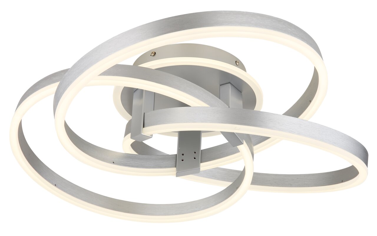 Moderne Deckenleuchte HERWIG von Globo Lighting mit verschlungenen LED-Ringen in silberner Optik, seitliche Perspektive.