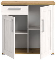 Kommode mit zwei offenen Türen und einer Schublade, aus hellem Holz mit dunkler Holzplatte, Frontalansicht