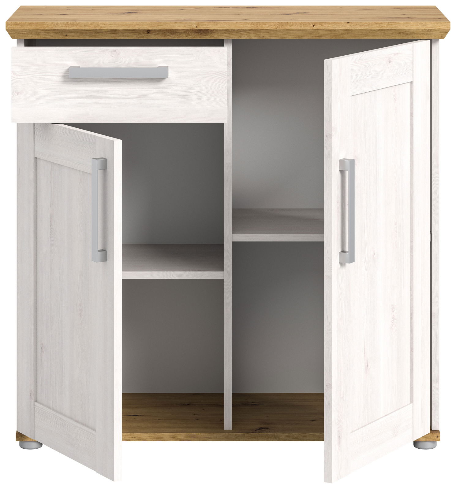 Kommode mit zwei offenen Türen und einer Schublade, aus hellem Holz mit dunkler Holzplatte, Frontalansicht