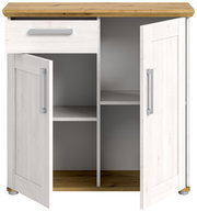 Kommode mit zwei offenen Türen und einer Schublade, aus hellem Holz mit dunkler Holzplatte, Frontalansicht