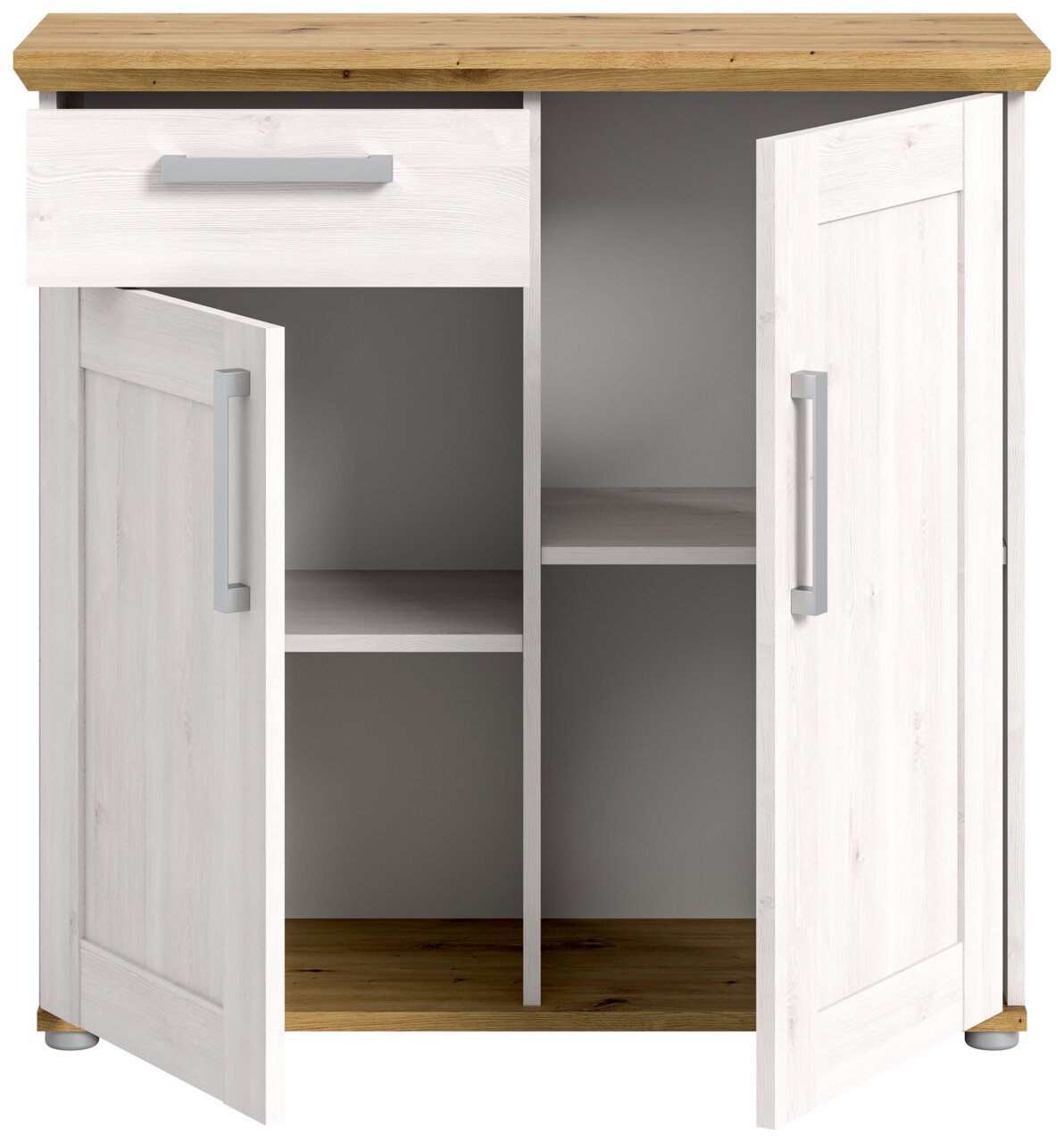 Kommode mit zwei offenen Türen und einer Schublade, aus hellem Holz mit dunkler Holzplatte, Frontalansicht