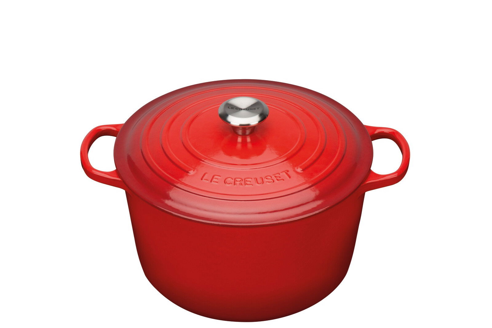 Roter Bräter 26cm hoch Signature von oben mit zwei Griffen und einem silbernen Knauf auf dem Deckel.