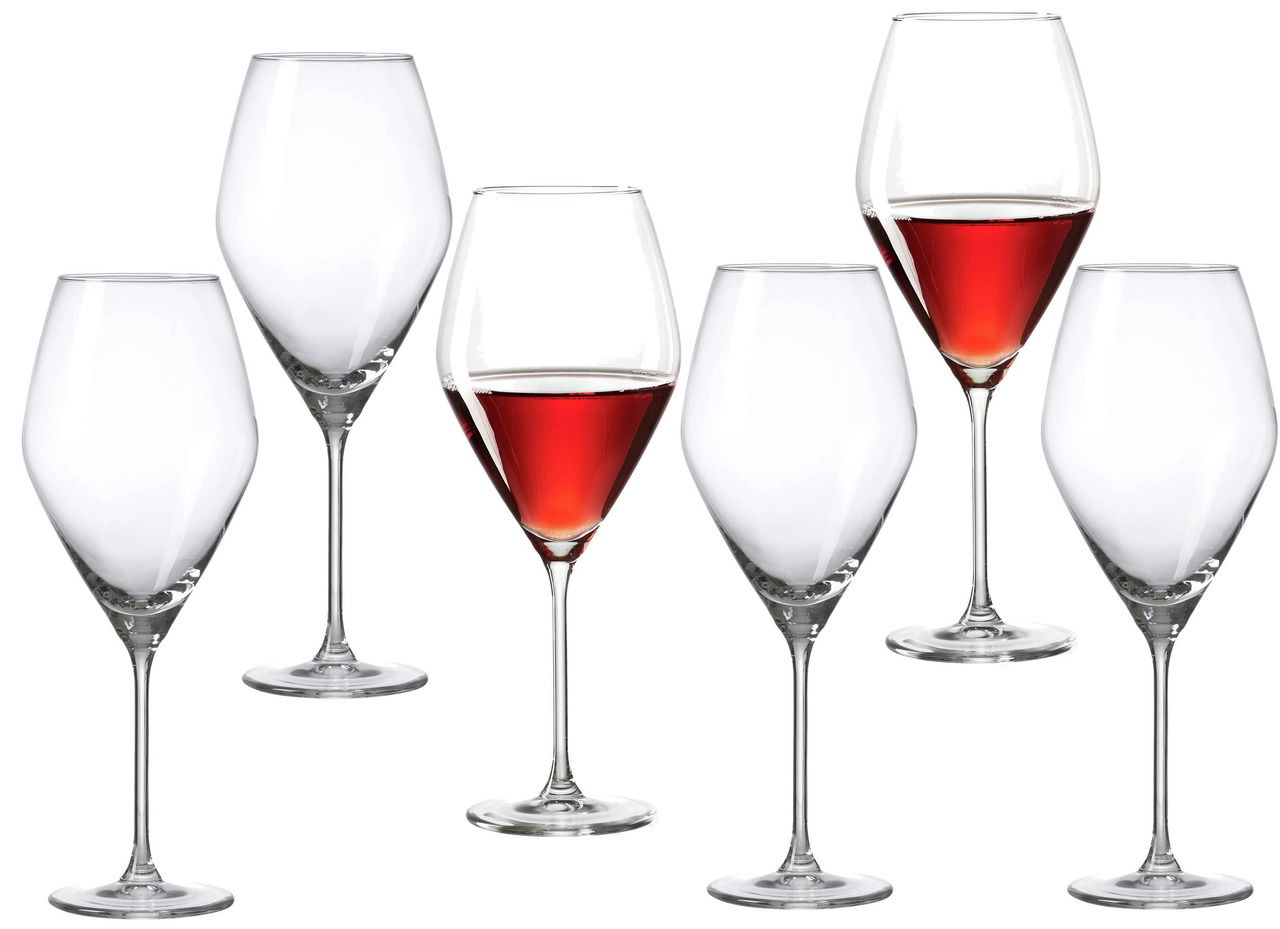 Sechs elegante Burgundergläser aus der Salsa-Serie, teilweise mit rotem Wein gefüllt, in einer frontalen Ansicht.