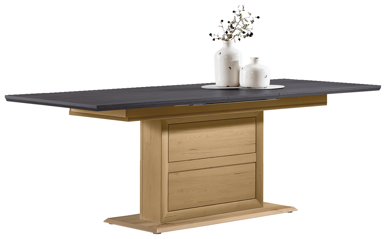 Moderner Funktions-Esstisch mit dunkler Tischplatte und hellem Holzgestell, seitliche Perspektive