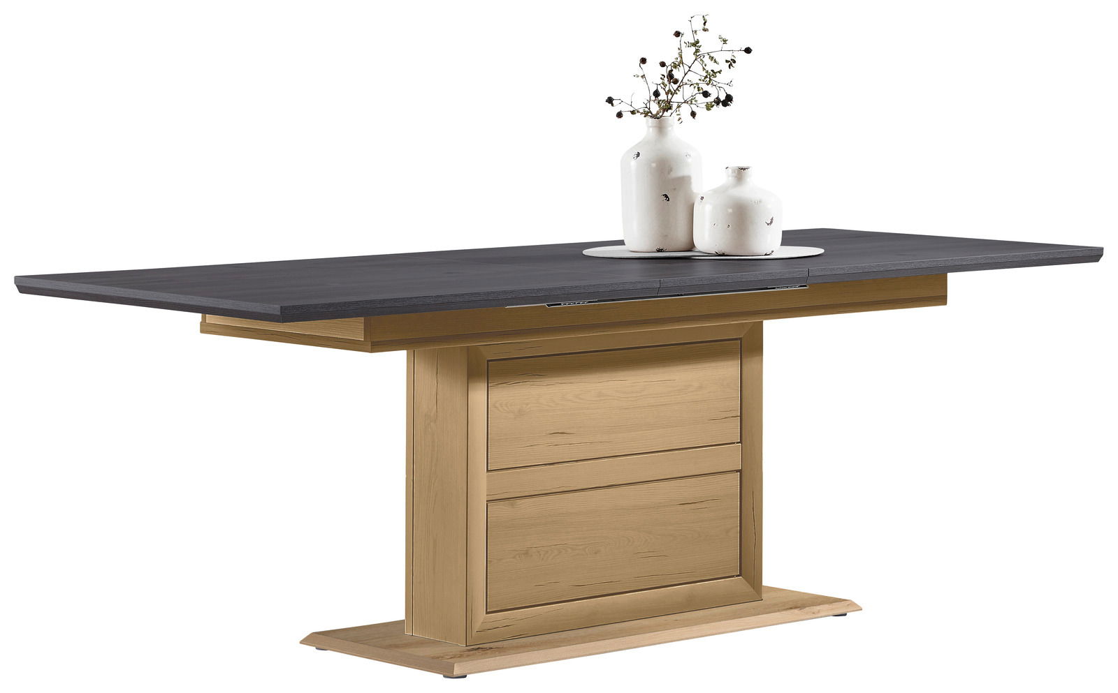 Moderner Funktions-Esstisch mit dunkler Tischplatte und hellem Holzgestell, seitliche Perspektive