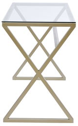 Moderner Schreibtisch mit Glasplatte und X-förmigem Metallgestell, seitliche Perspektive