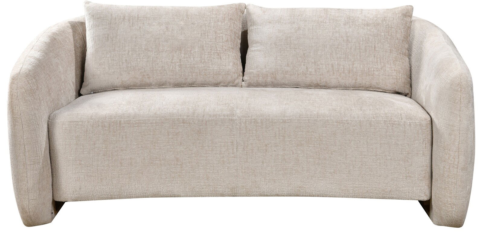 Beiges 2-Sitzer Sofa mit zwei Kissen, frontal fotografiert