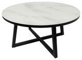 Runder Couchtisch mit weißer Marmoroptik-Tischplatte und schwarzem Metallgestell, seitliche Perspektive