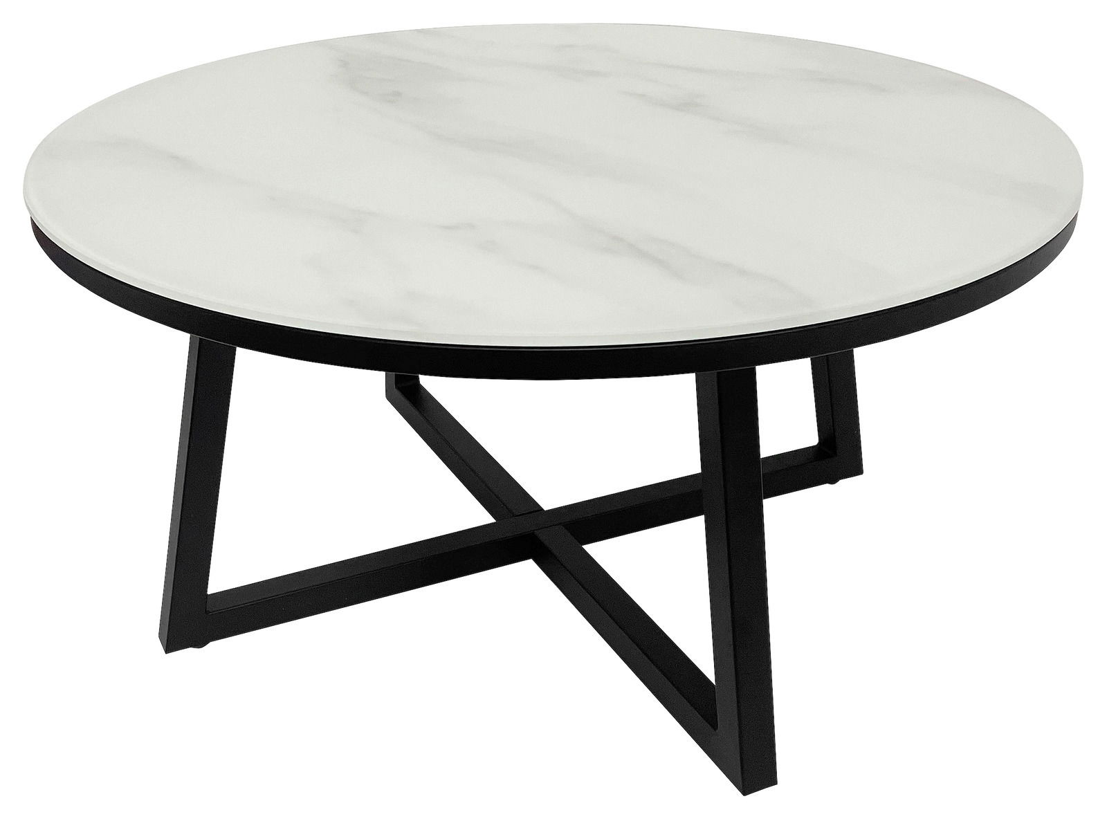 XORA Couchtisch TERNI 1 Runder Couchtisch mit weißer Marmoroptik-Tischplatte und schwarzem Metallgestell, seitliche Perspektive