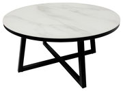 Runder Couchtisch mit weißer Marmoroptik-Tischplatte und schwarzem Metallgestell, seitliche Perspektive