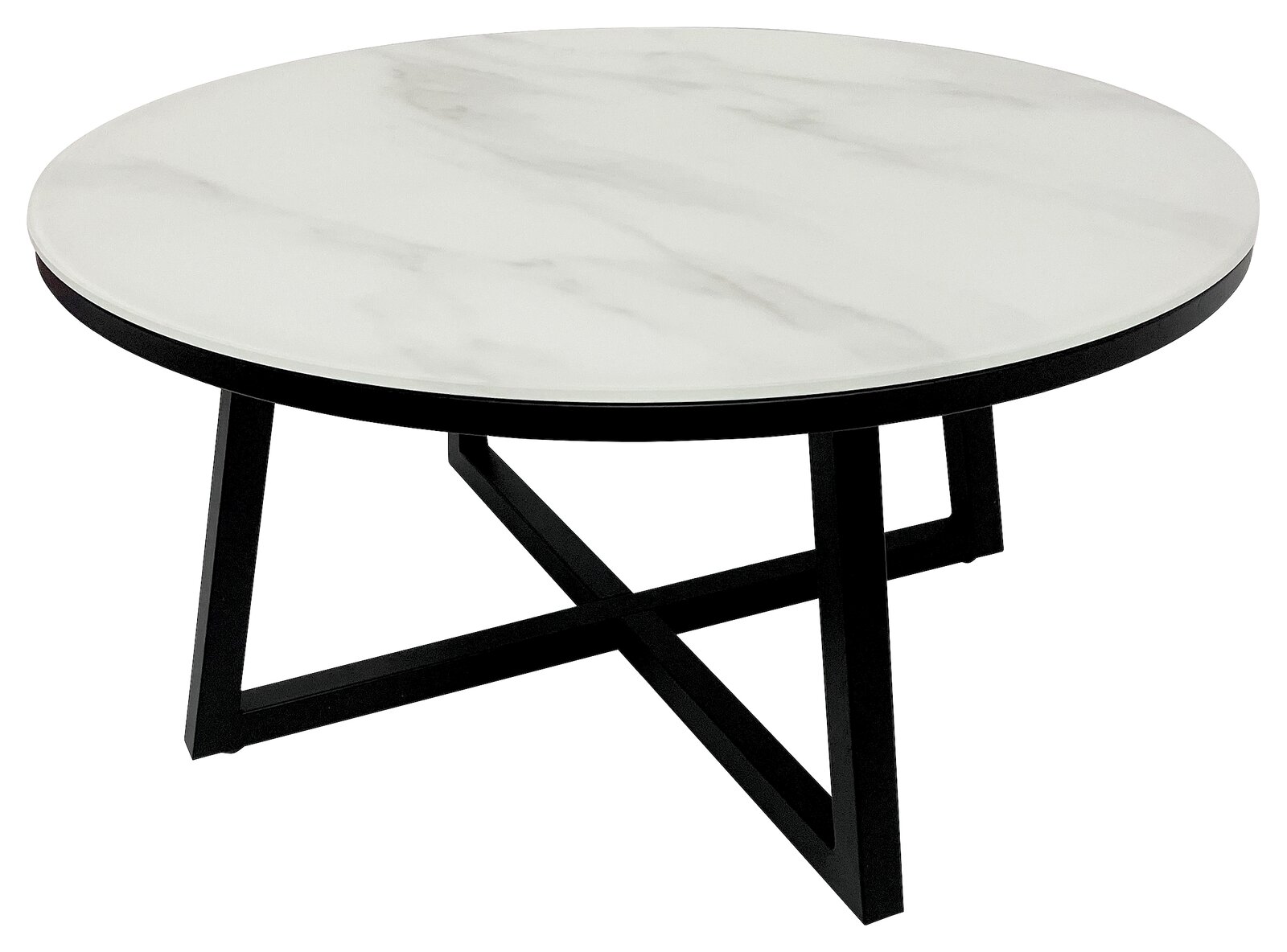 Runder Couchtisch mit weißer Marmoroptik-Tischplatte und schwarzem Metallgestell, seitliche Perspektive