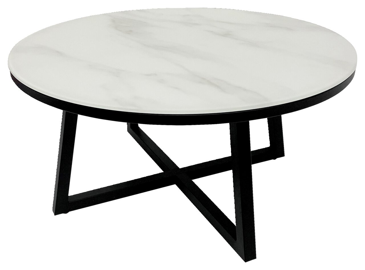 XORA Couchtisch TERNI 1 Runder Couchtisch mit weißer Marmoroptik-Tischplatte und schwarzem Metallgestell, seitliche Perspektive