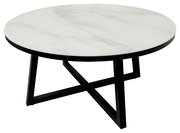 Runder Couchtisch mit weißer Marmoroptik-Tischplatte und schwarzem Metallgestell, seitliche Perspektive