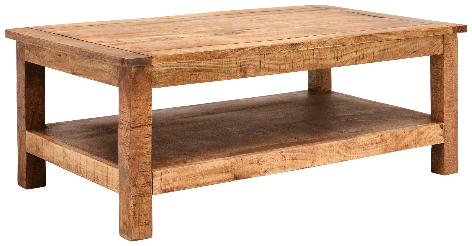 Z2 Couchtisch BARNEY Rustikaler Couchtisch aus Holz mit rechteckiger Form und zusätzlicher Ablagefläche, seitliche Perspektive