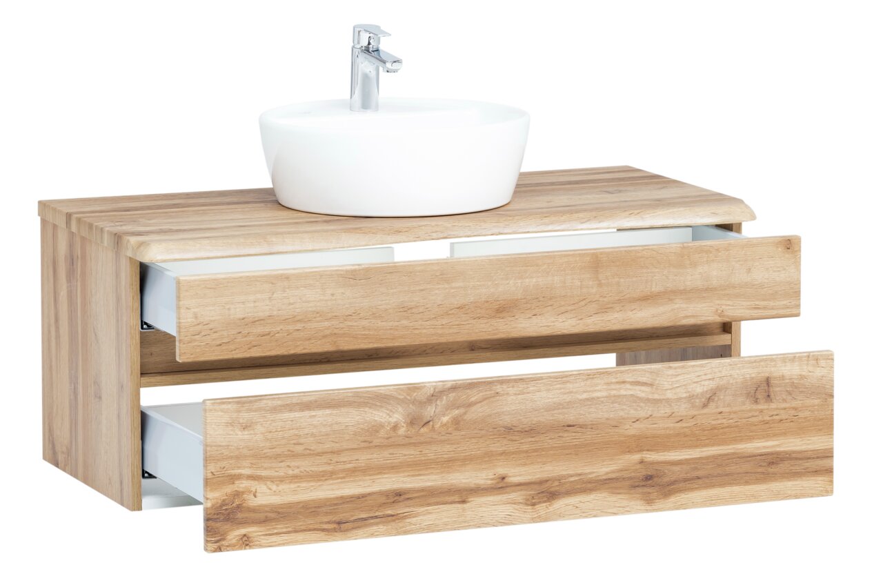 Wastafelset met houtlook en twee open lades, vooraanzicht