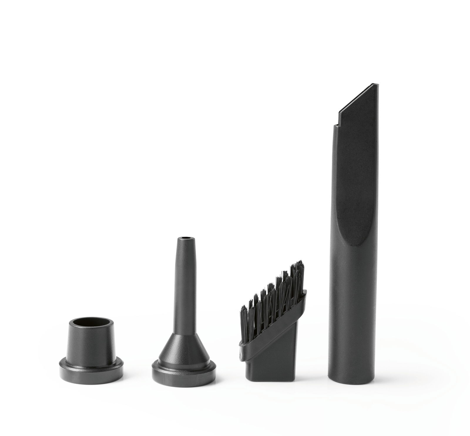 Verschiedene schwarze Aufsätze für einen Handstaubsauger, frontal abgebildet.