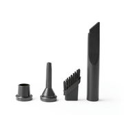 Verschiedene schwarze Aufsätze für einen Handstaubsauger, frontal abgebildet.