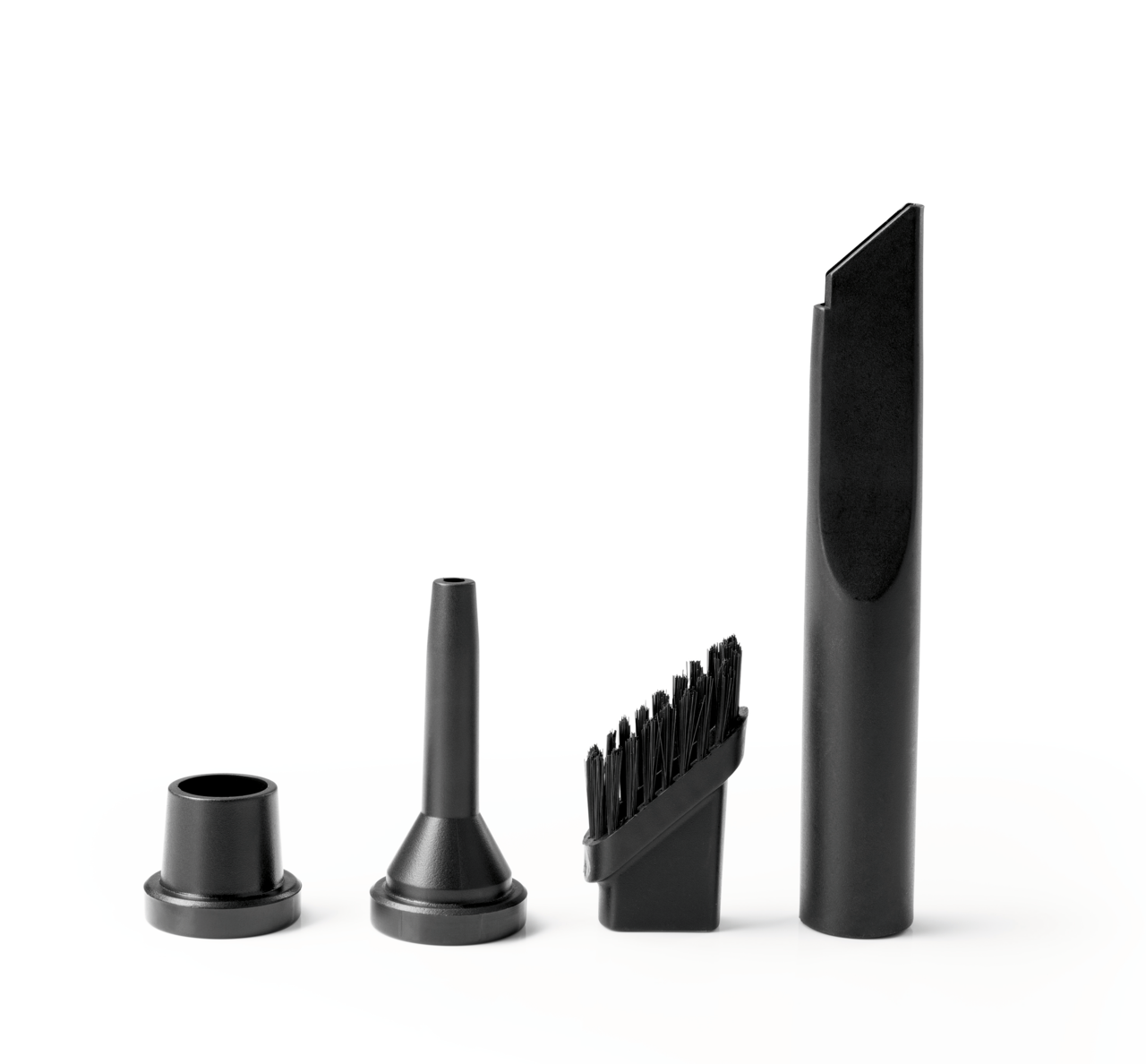 Verschiedene schwarze Aufsätze für einen Handstaubsauger, frontal abgebildet.