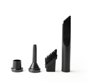 Verschiedene schwarze Aufsätze für einen Handstaubsauger, frontal abgebildet.