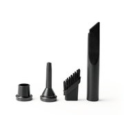 Verschiedene schwarze Aufsätze für einen Handstaubsauger, frontal abgebildet.