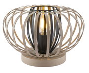 Moderne Tischleuchte mit kugelförmigem, offenen Design aus Metallstreben, seitliche Perspektive.