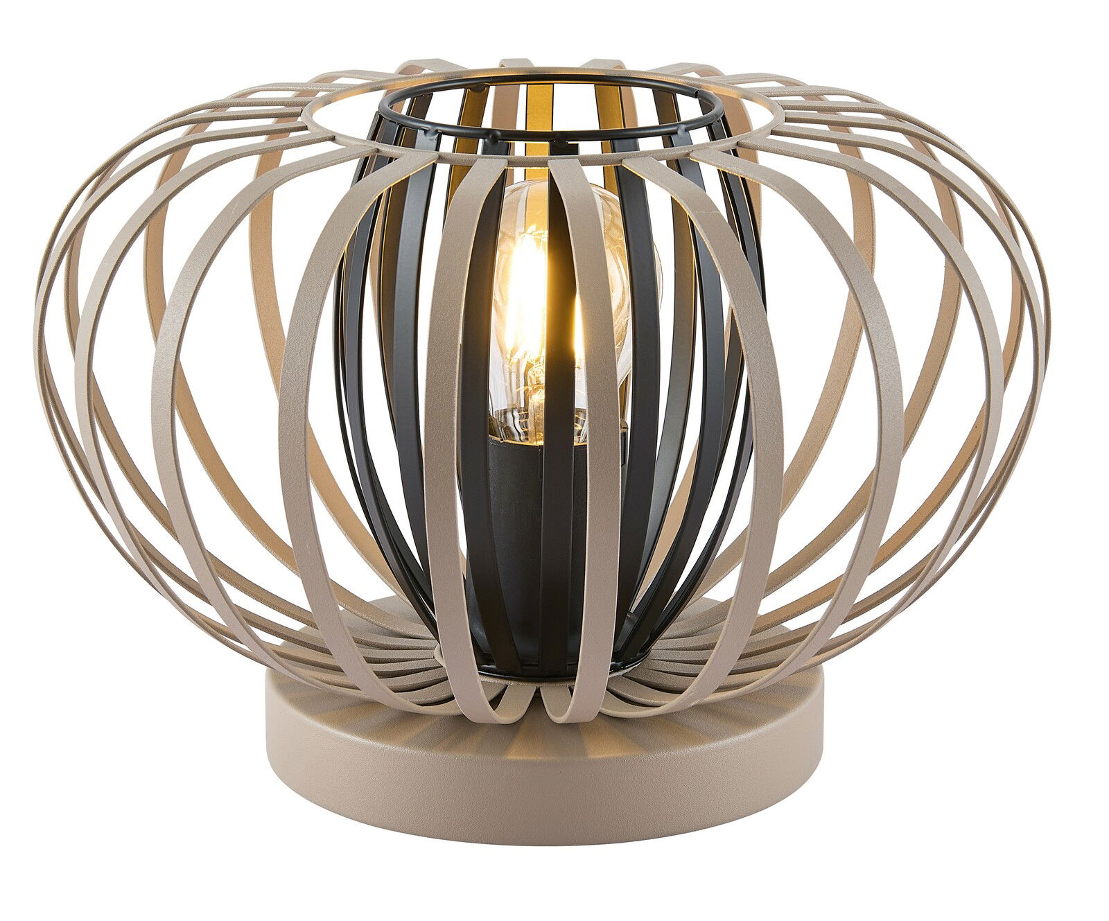 Moderne Tischleuchte mit kugelförmigem, offenen Design aus Metallstreben, seitliche Perspektive.