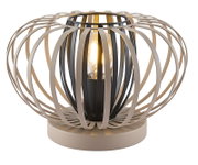 Moderne tafellamp met een bolvormig, open ontwerp van metalen spanten, gezien vanaf de zijkant.